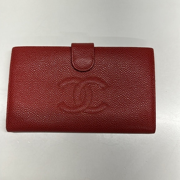 Chanel CC Wallet Interlocking Logo Caviar Leather Long Bifold Red Gold Vintage - Picture 2 of 14